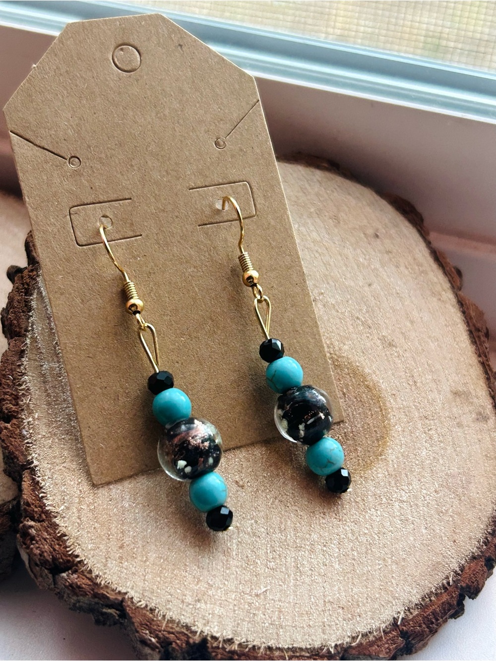 Handmade Turquoise Beaded Dangle Earrings | Southwestern Boho | Gold Black - Picture 2 of 4
